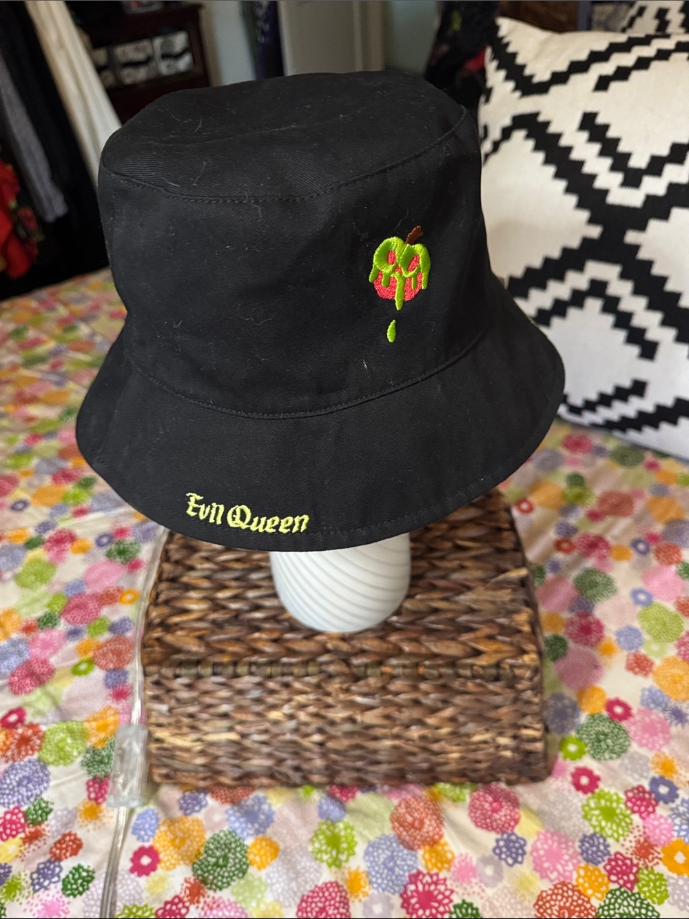 Disney Black Bucket Hat with Neon Green & Hot Pink Drip Apple